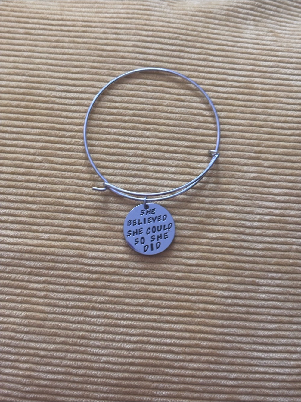 Inspirational Silver Tone Charm Bangle - "She Believed"